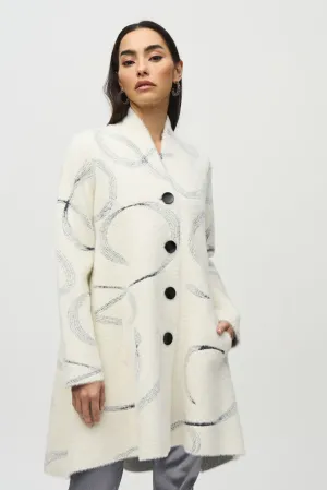 Joseph Ribkoff Vanilla/Black Abstract Feather Yarn Jacquard Coat 244930