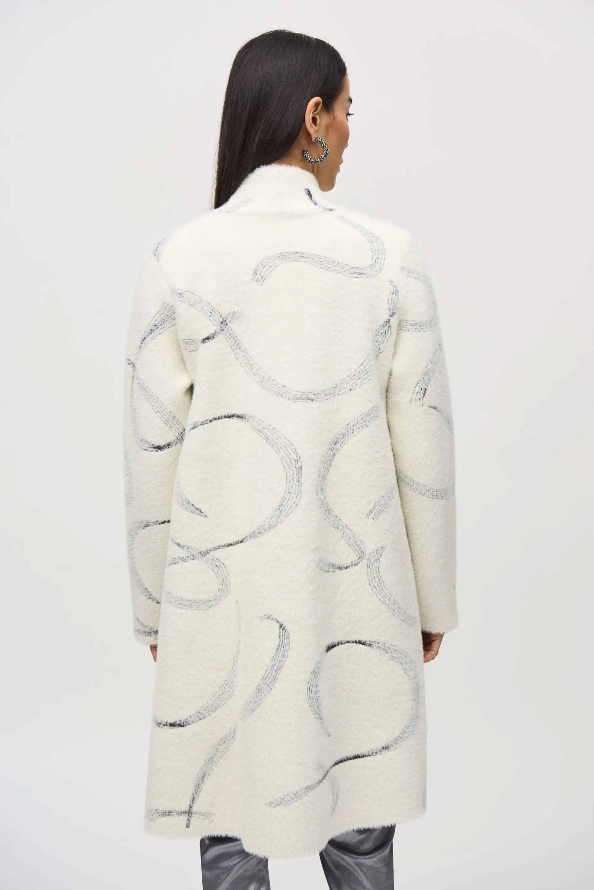 Joseph Ribkoff Vanilla/Black Abstract Feather Yarn Jacquard Coat 244930