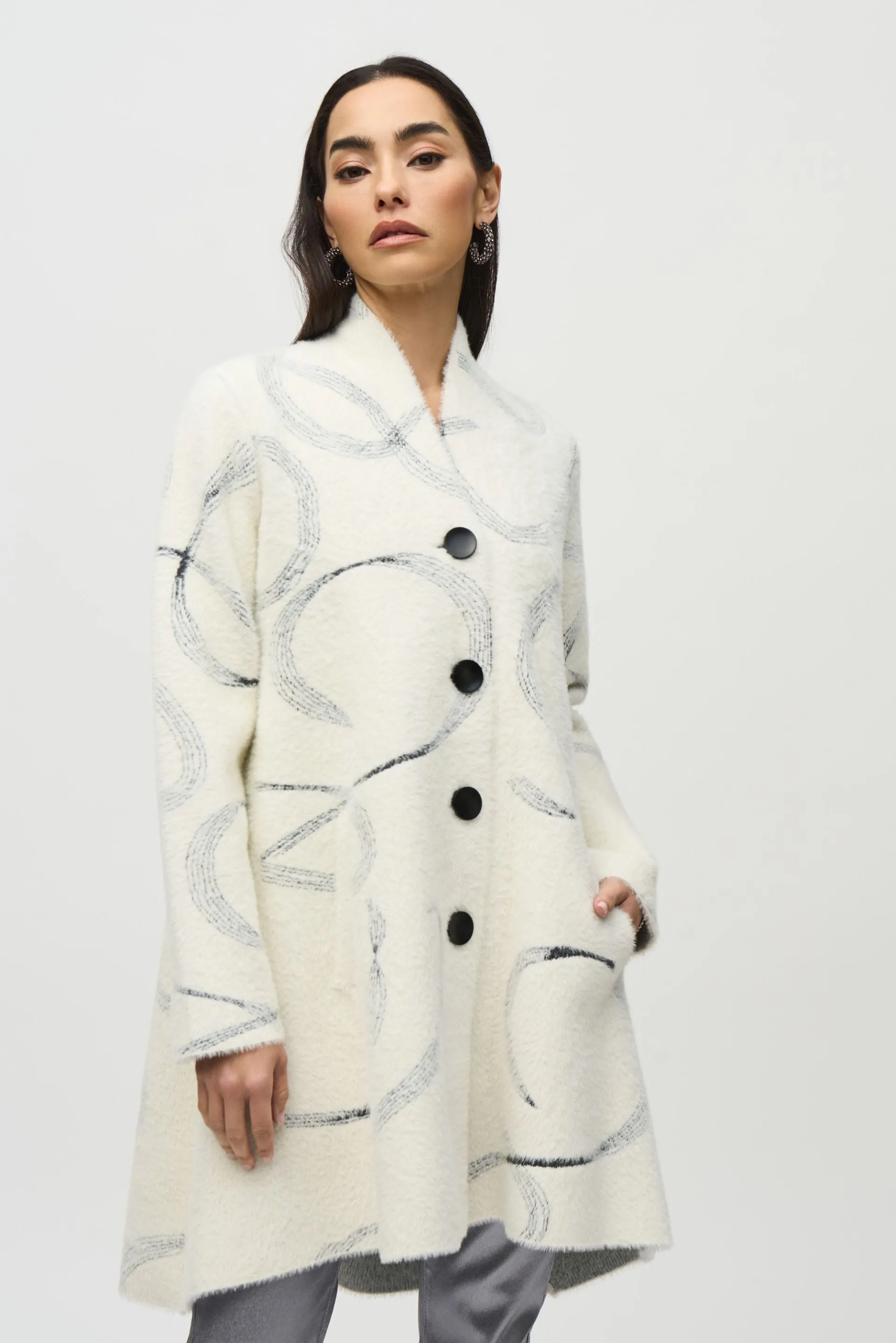 Joseph Ribkoff Vanilla/Black Abstract Feather Yarn Jacquard Coat 244930