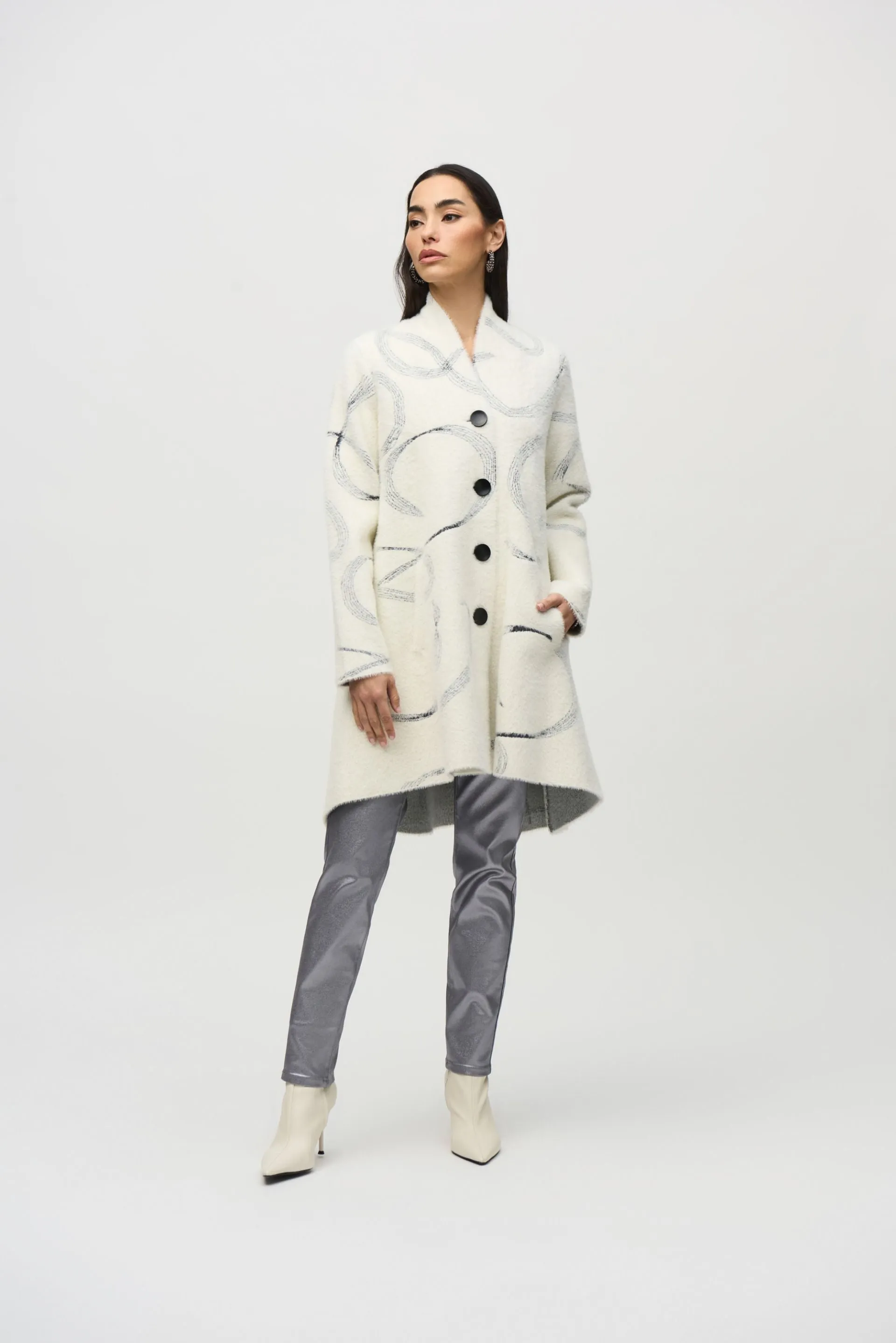 Joseph Ribkoff Vanilla/Black Abstract Feather Yarn Jacquard Coat 244930