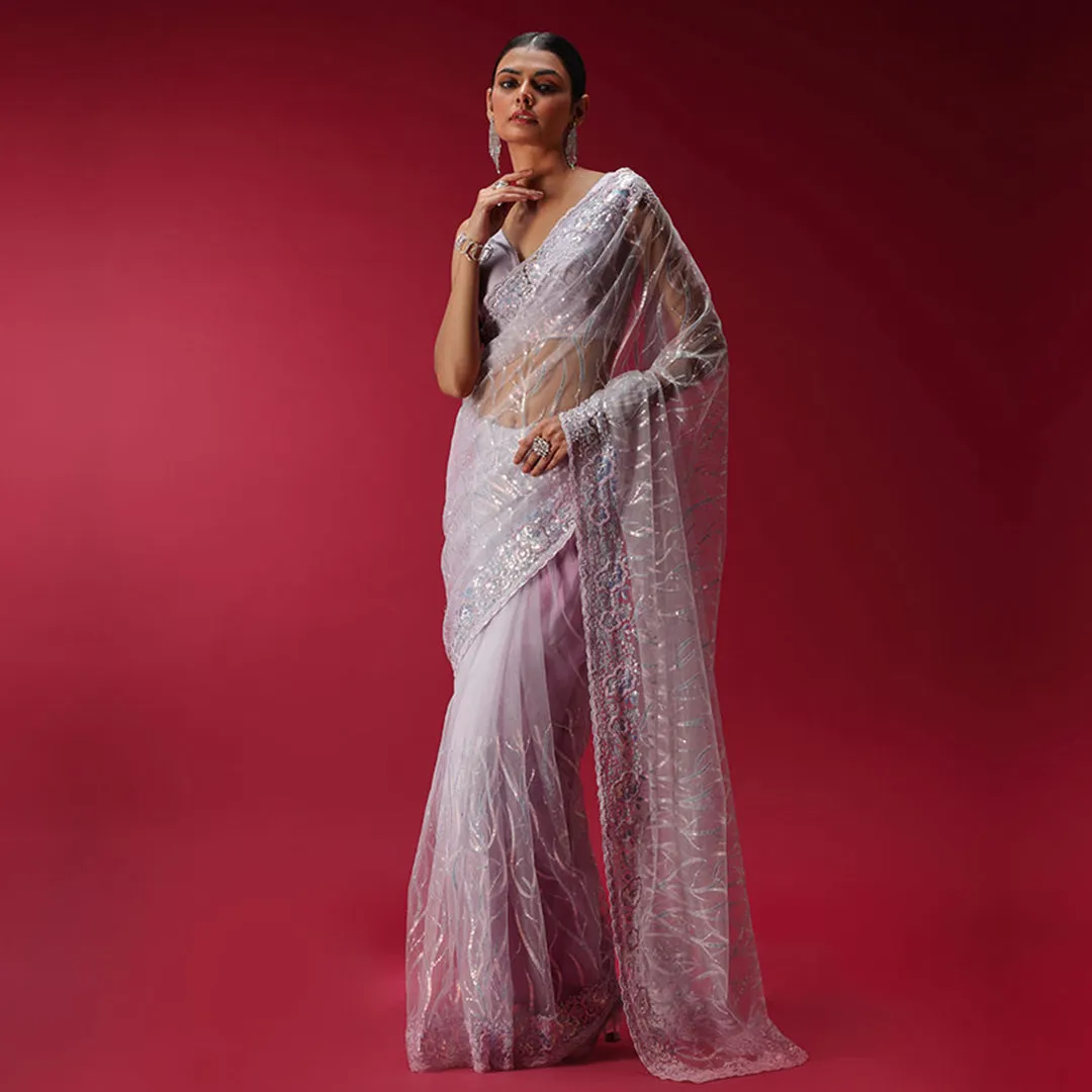 Lavender Sequined Net Embroidered Saree