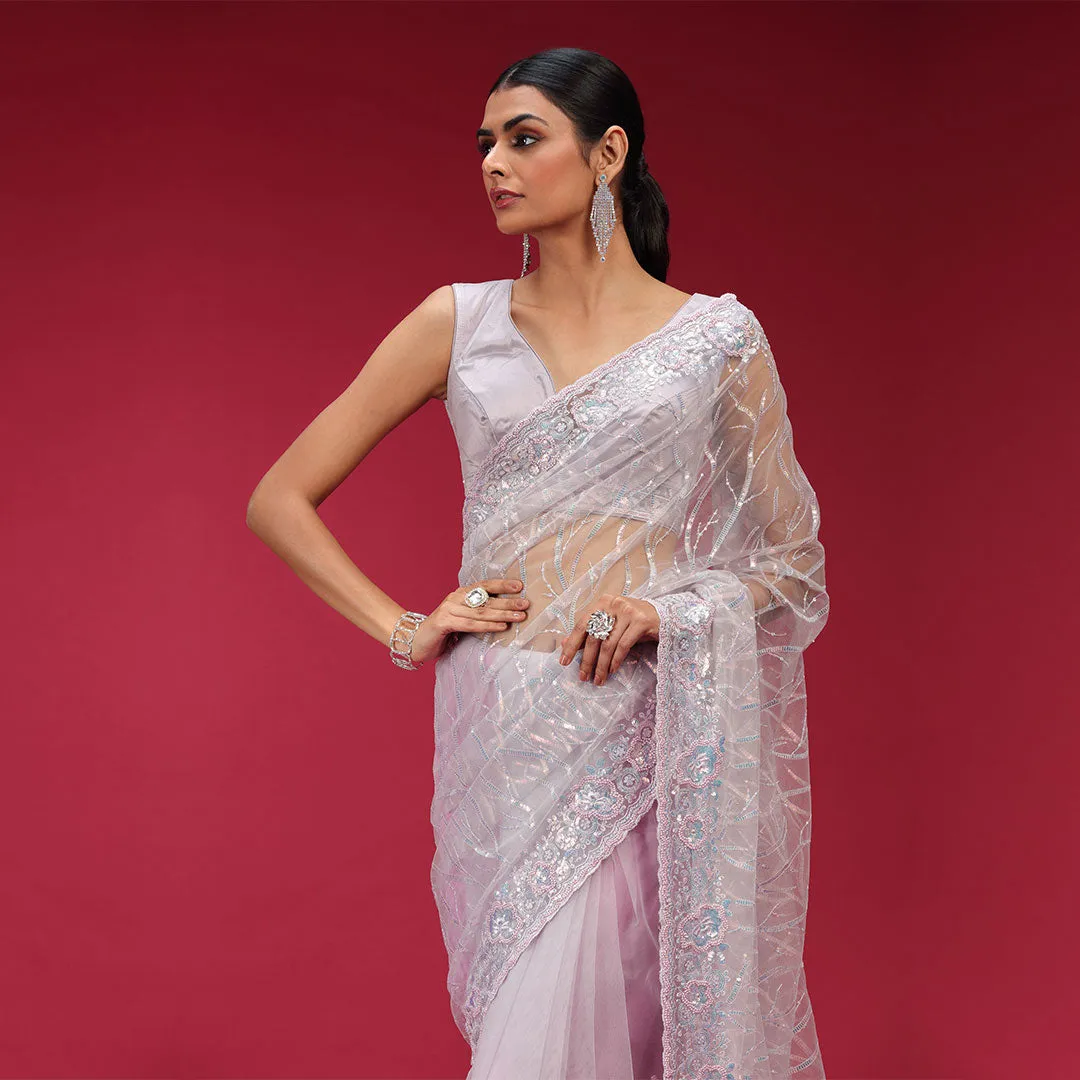 Lavender Sequined Net Embroidered Saree