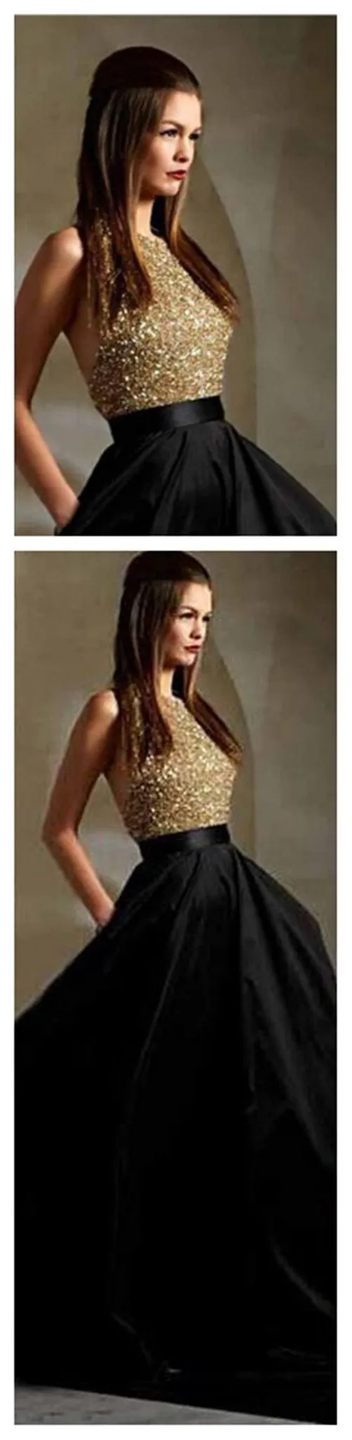 Long  Black Party  A-Line Sparkle Sequined Pretty Backless Prom Dresses, PD0023