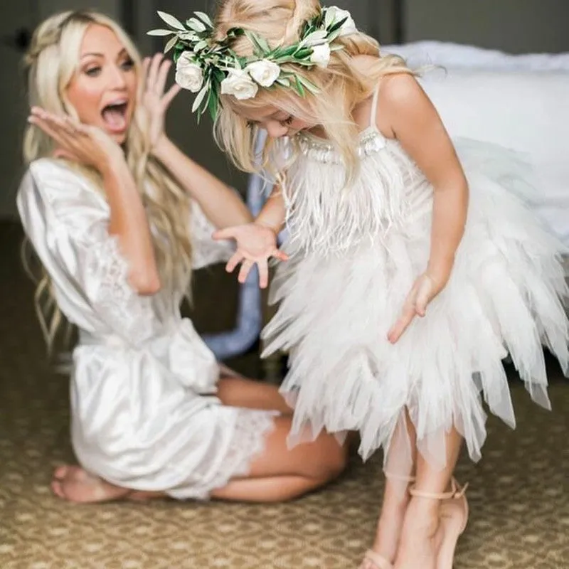 Lovely Boho Tea Length Spaghetti Straps Short Flower Girl Dresses with Feather