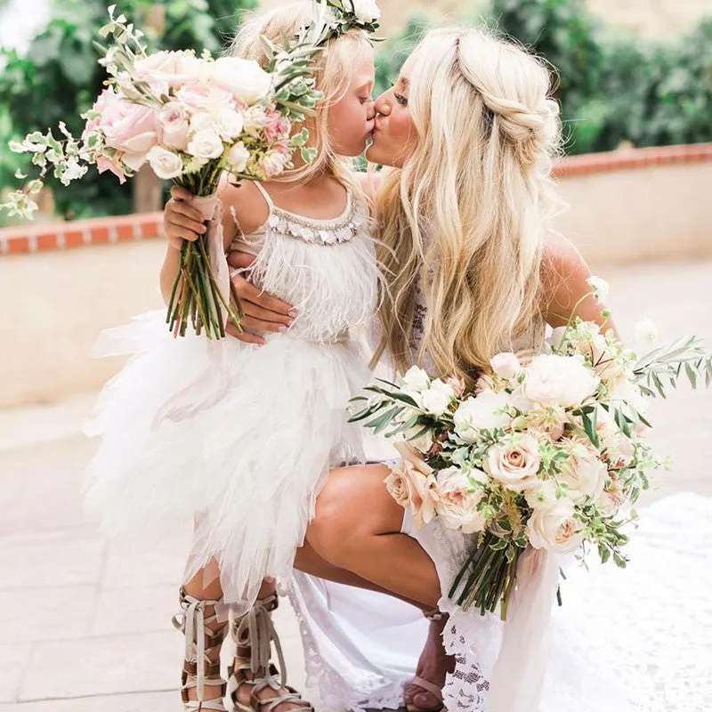 Lovely Boho Tea Length Spaghetti Straps Short Flower Girl Dresses with Feather