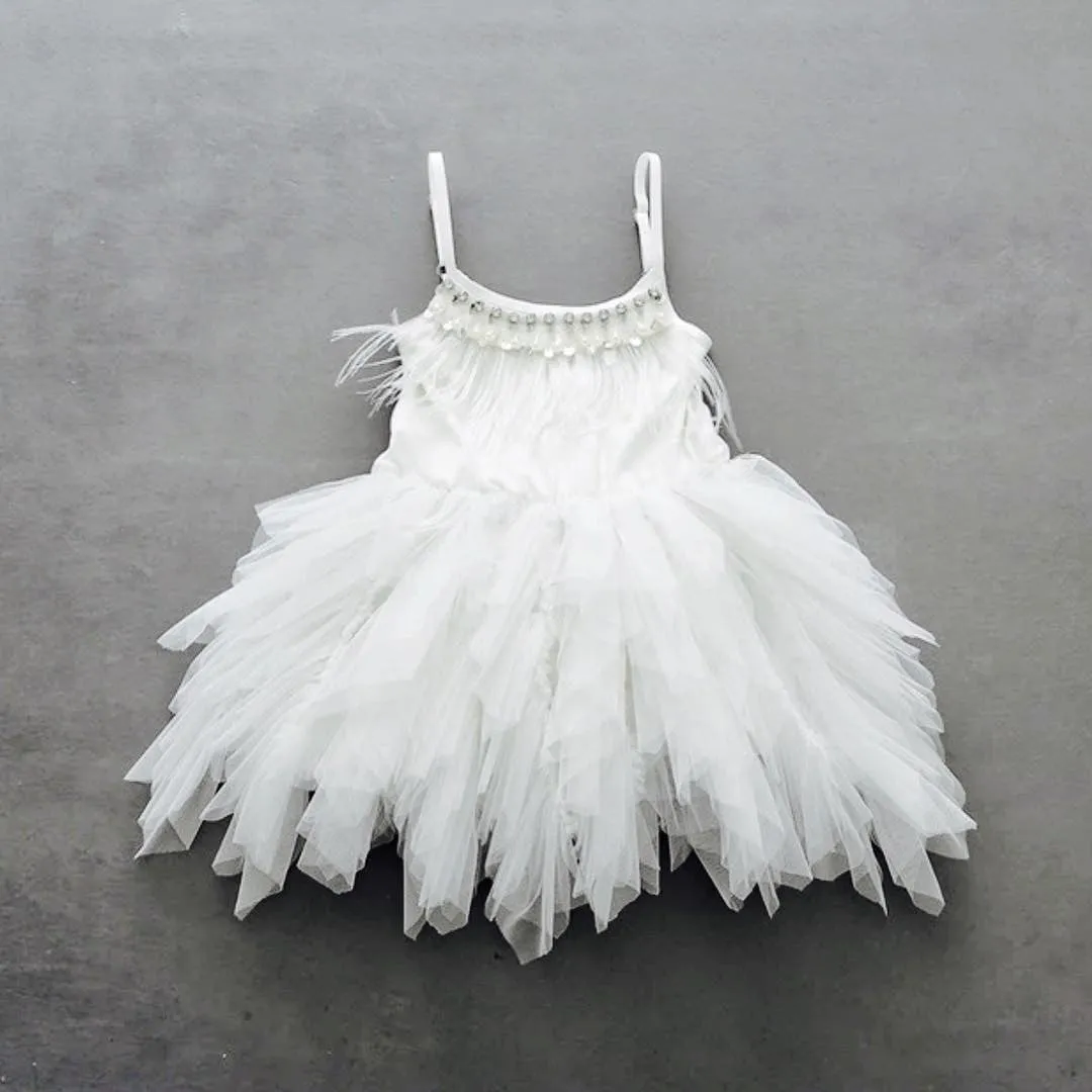 Lovely Boho Tea Length Spaghetti Straps Short Flower Girl Dresses with Feather