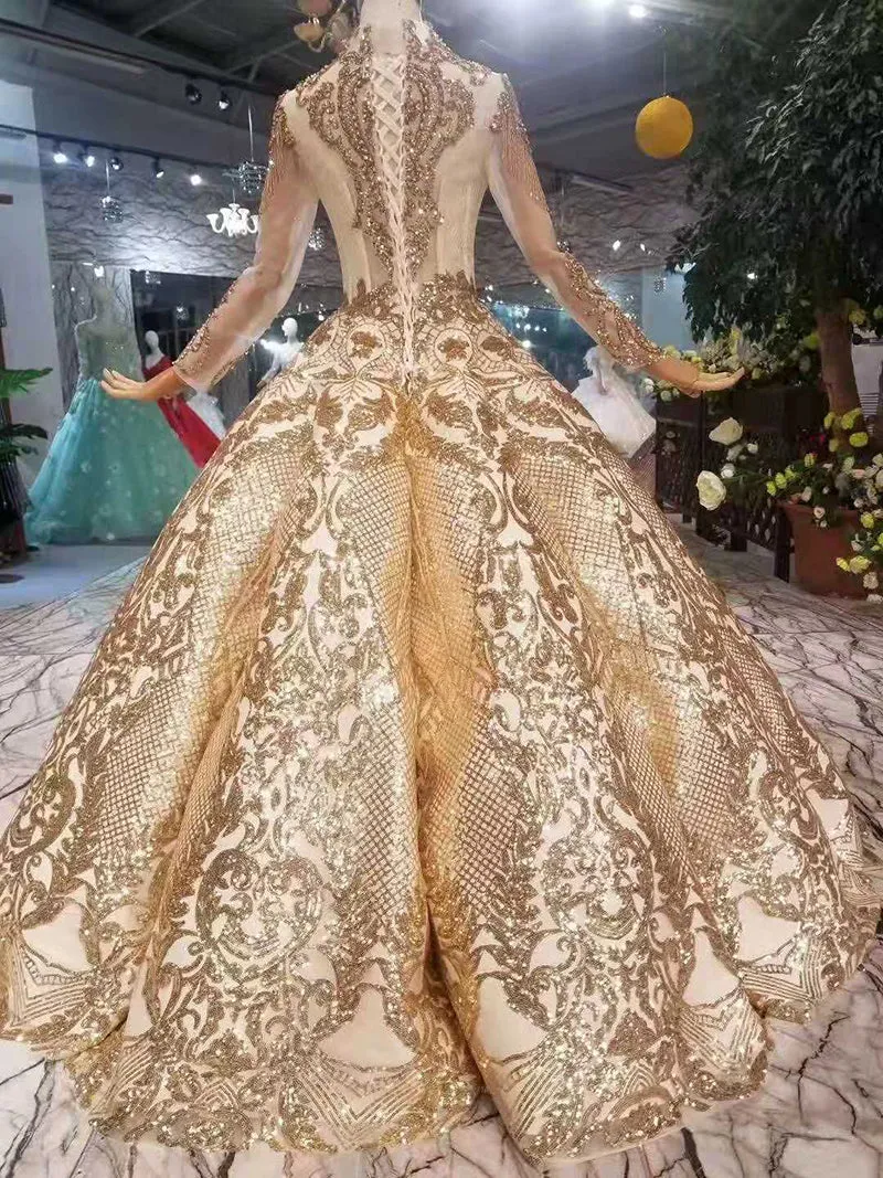 Luxury floor length queen prom dresses  curve shape ball gown sparkly golden