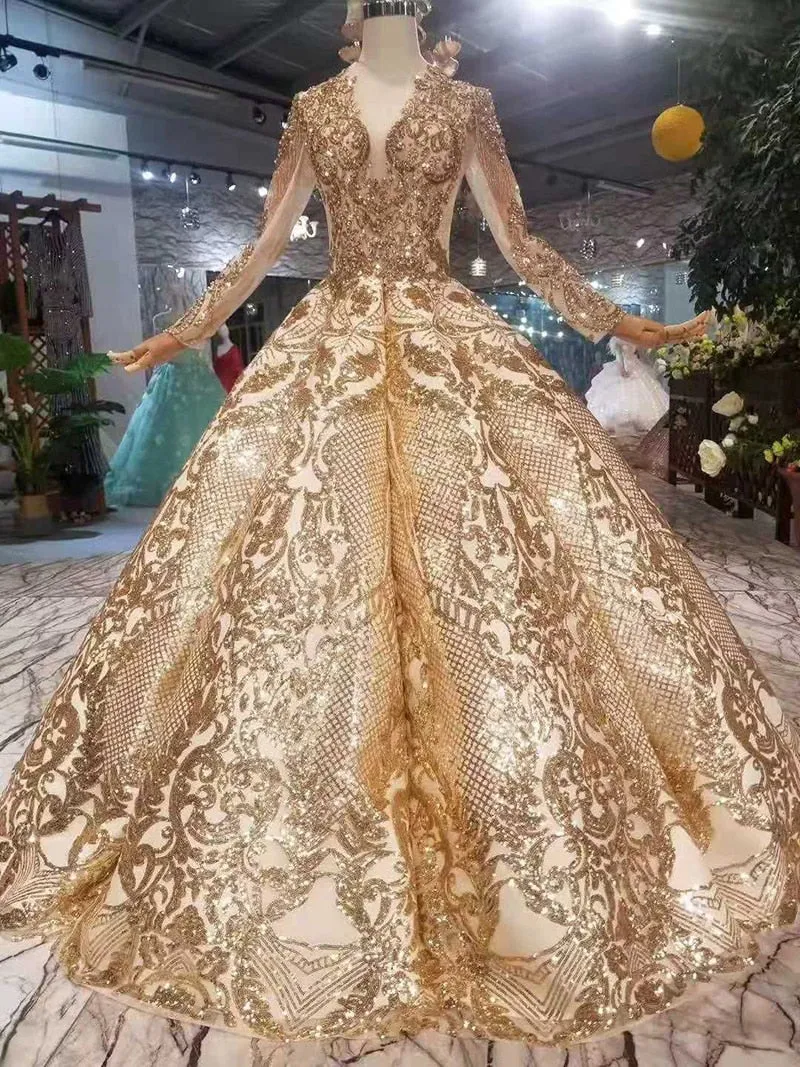 Luxury floor length queen prom dresses  curve shape ball gown sparkly golden