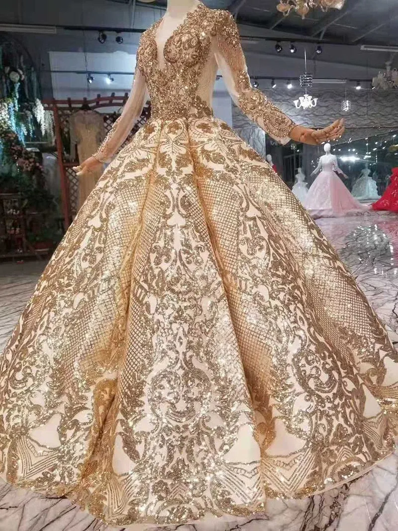 Luxury floor length queen prom dresses  curve shape ball gown sparkly golden
