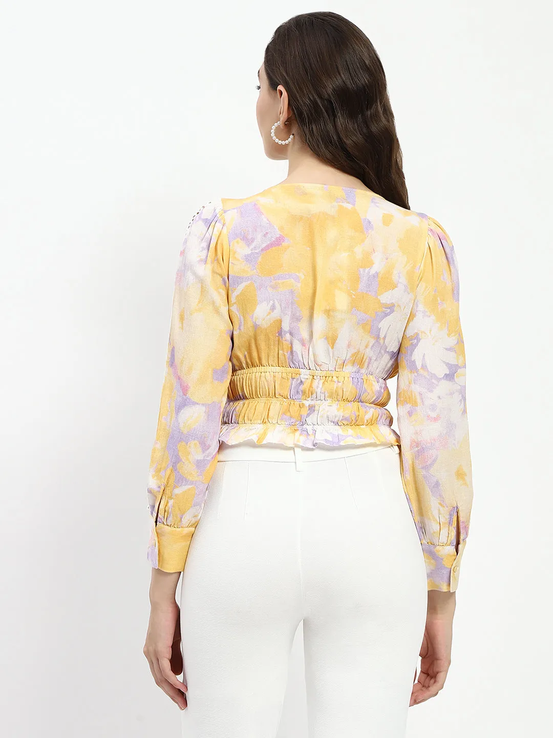 Madame Abstract Print V Neck Smocked Top
