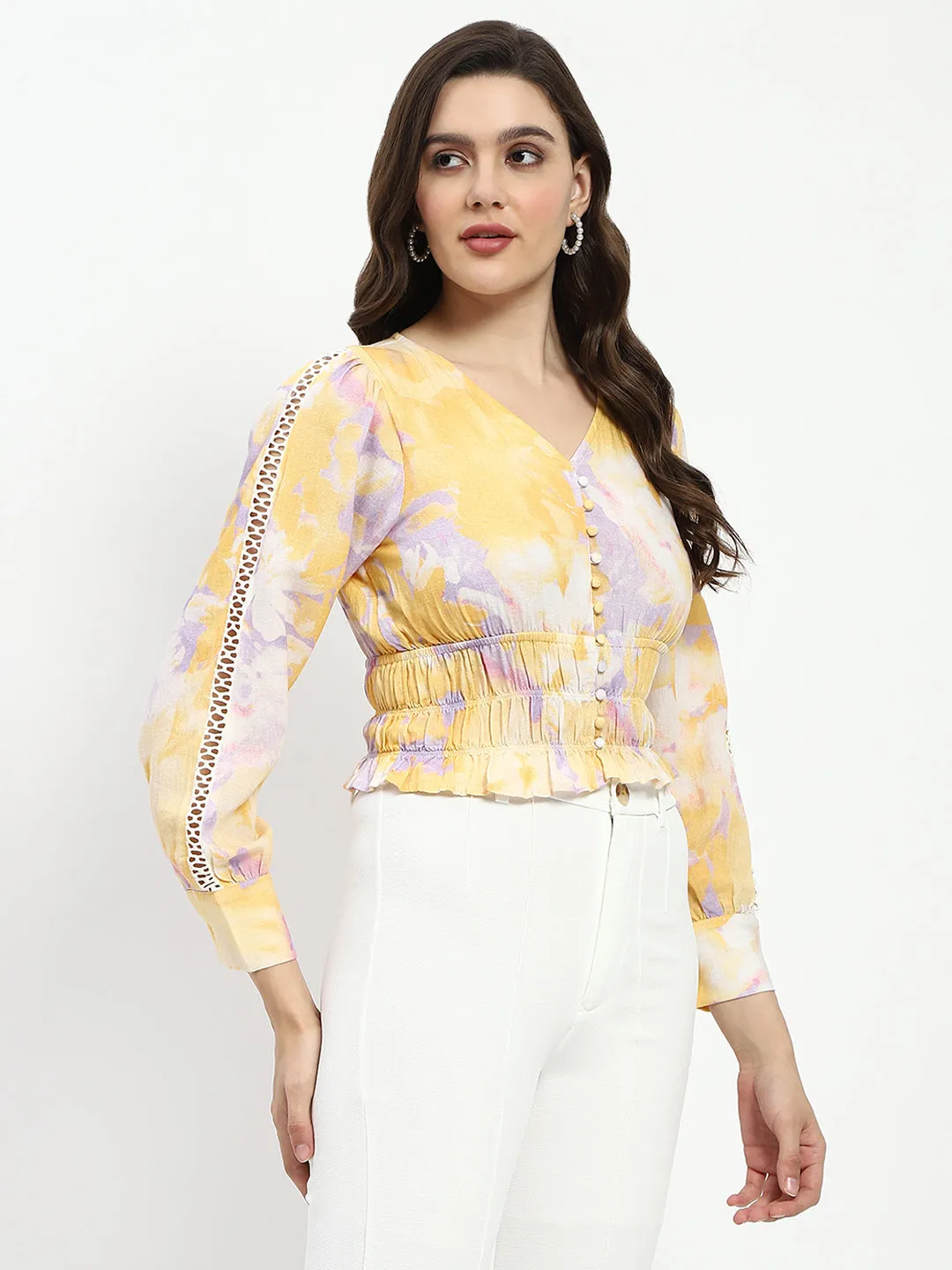 Madame Abstract Print V Neck Smocked Top