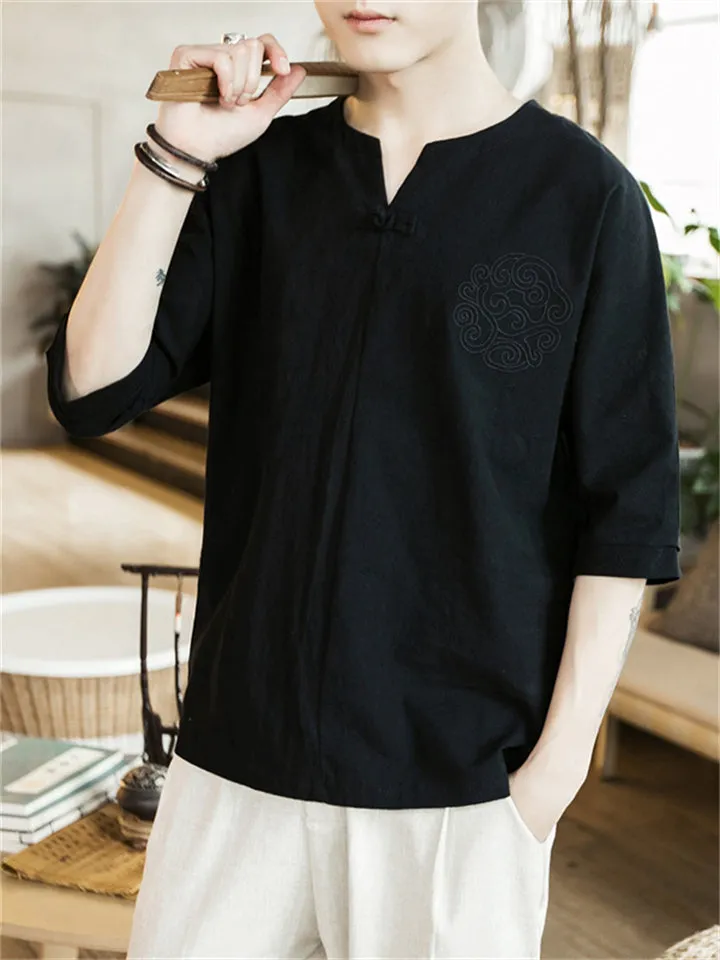 Male Auspicious Cloud Embroidered Button Trim Vintage Shirt