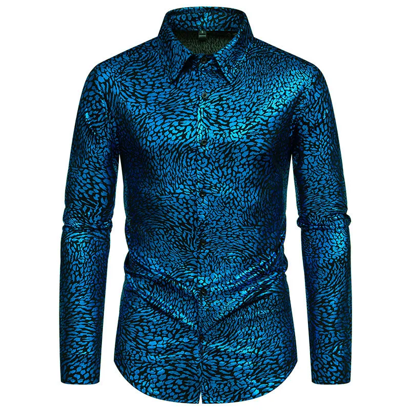 Men Leopard Patterns Glossy Turnover Collar Long Sleeves Shirt