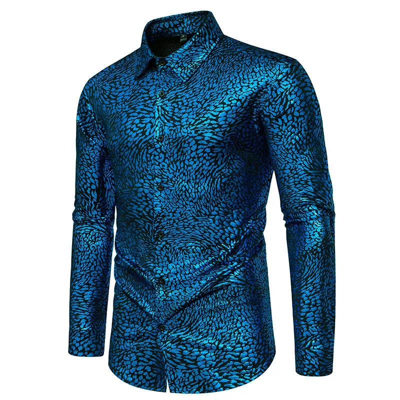 Men Leopard Patterns Glossy Turnover Collar Long Sleeves Shirt