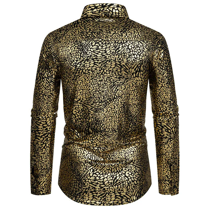 Men Leopard Patterns Glossy Turnover Collar Long Sleeves Shirt