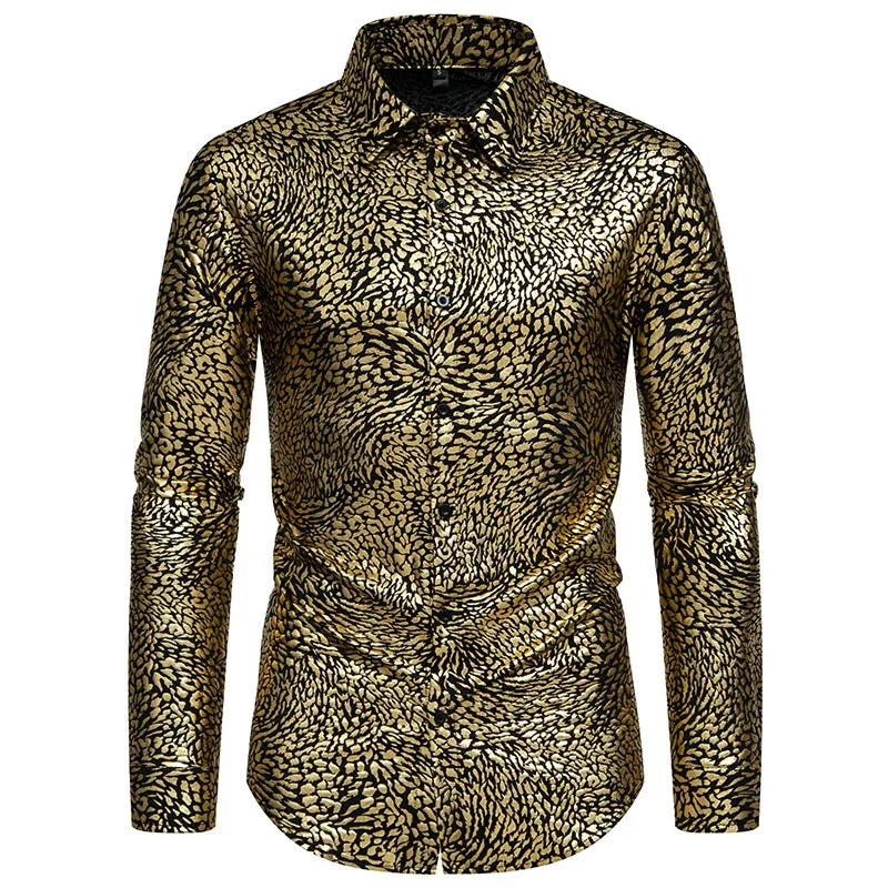 Men Leopard Patterns Glossy Turnover Collar Long Sleeves Shirt
