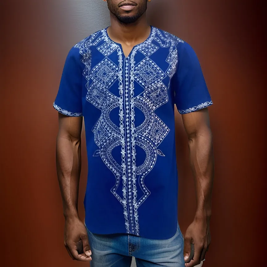 Men's African Print Embroidered Dashiki Shirt (Royal Blue) (2XL)