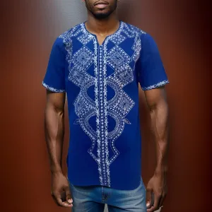 Men's African Print Embroidered Dashiki Shirt (Royal Blue) (2XL)