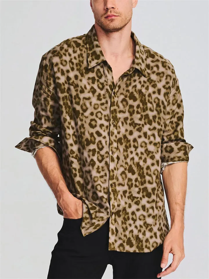 Men's Long Sleeve Loose Leopard Print Shirts