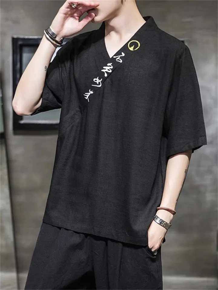 Men's Retro Linen V Neck Hanzi Embroidered Summer Shirt