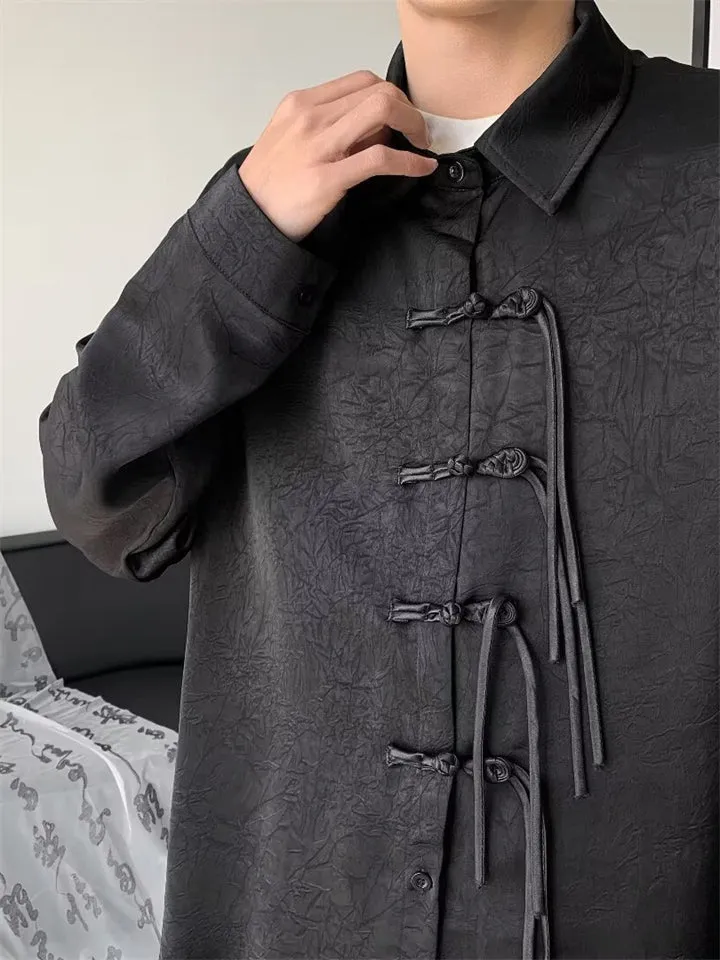 Men's Retro Tassel Button Black Lapel Long Sleeve Shirt