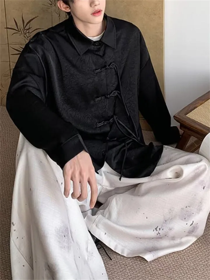 Men's Retro Tassel Button Black Lapel Long Sleeve Shirt