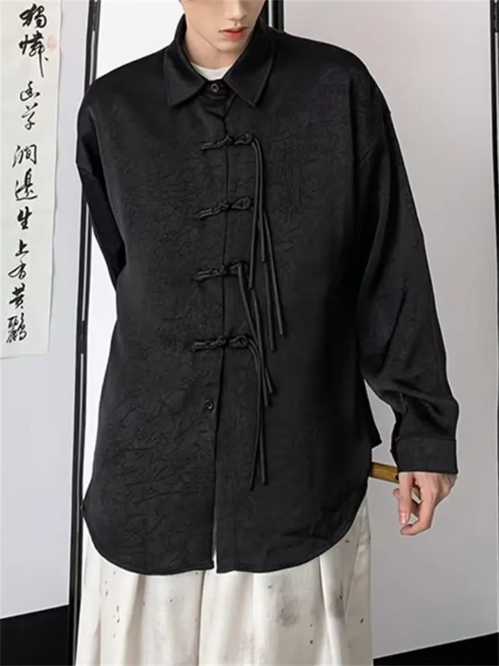 Men's Retro Tassel Button Black Lapel Long Sleeve Shirt