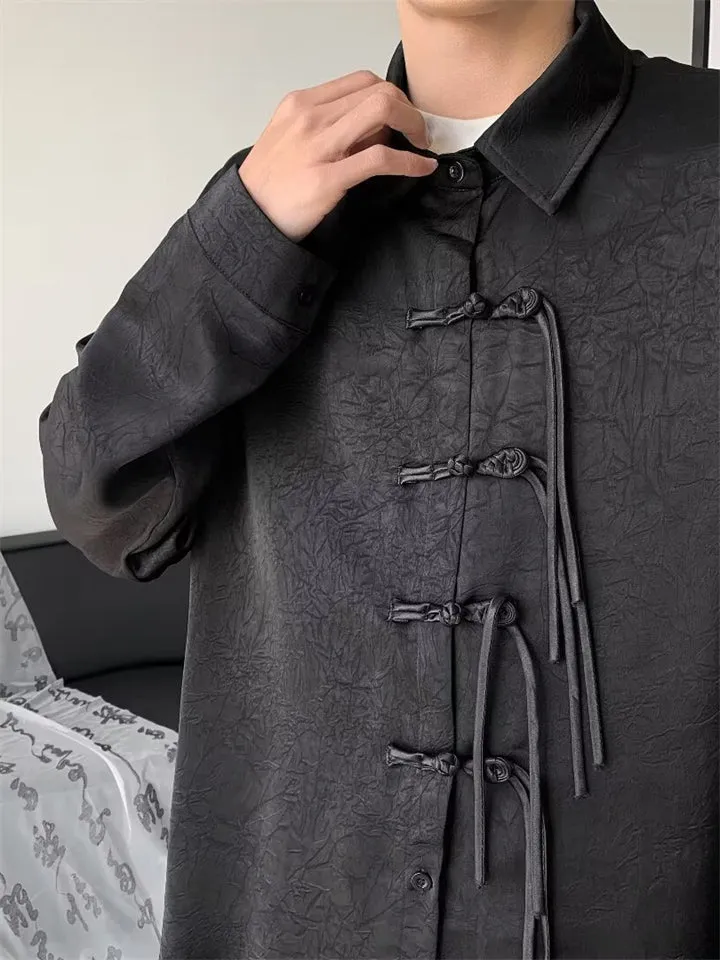 Men's Retro Tassel Button Black Lapel Long Sleeve Shirt
