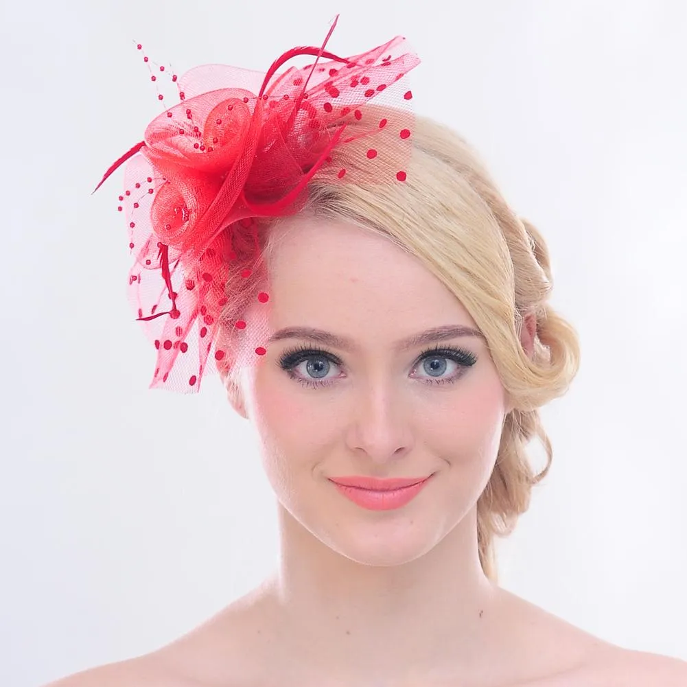 Mesh Face Dot Veil Feather Fascinator Hair Clip