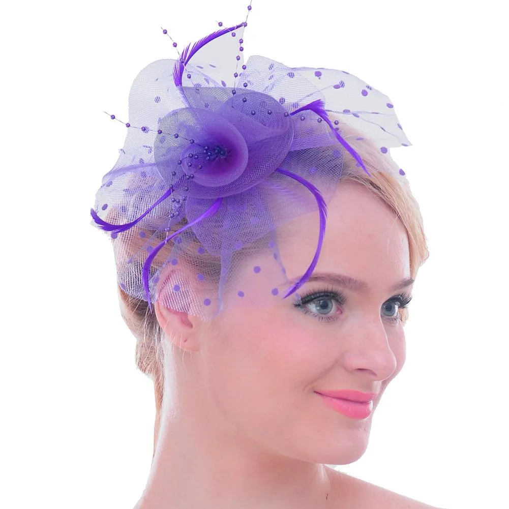 Mesh Face Dot Veil Feather Fascinator Hair Clip
