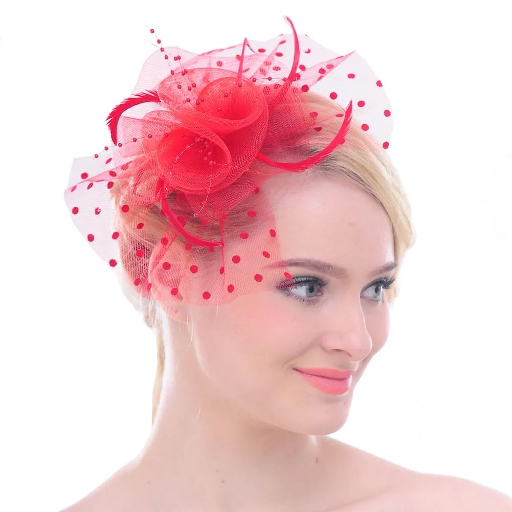 Mesh Face Dot Veil Feather Fascinator Hair Clip