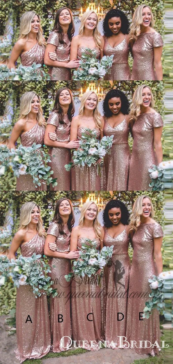 Mismatched Long Cheap Rose Gold Sequined Bridesmaid Dresses, QB0487