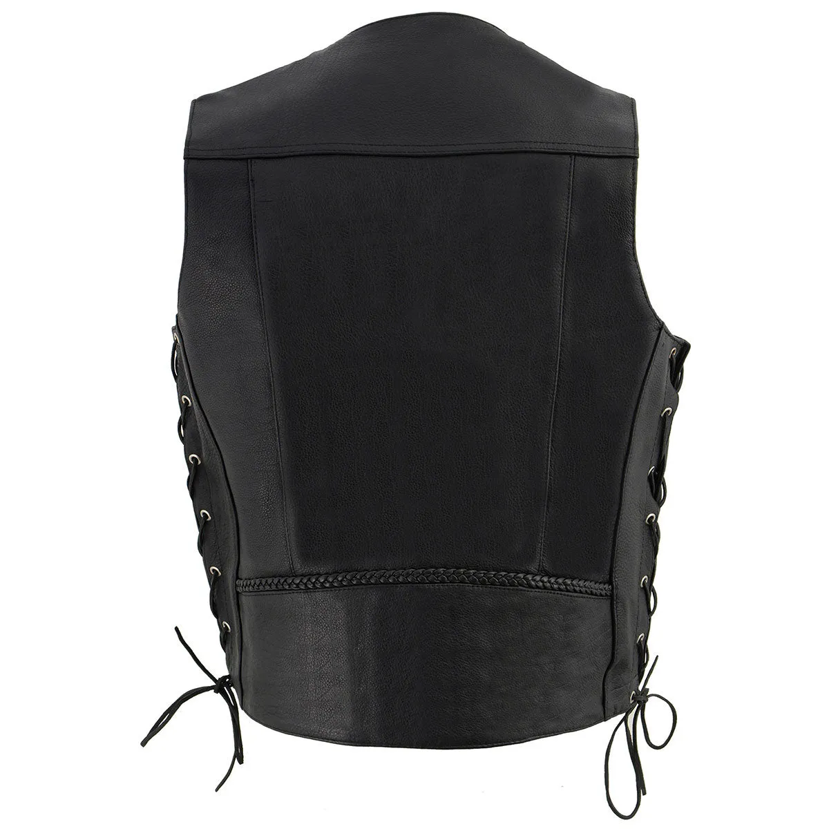 ML1359 Men's Black Naked Leather Side Lace Motorcycle Rider Vest w/ Buffalo Nickel Snaps Closure