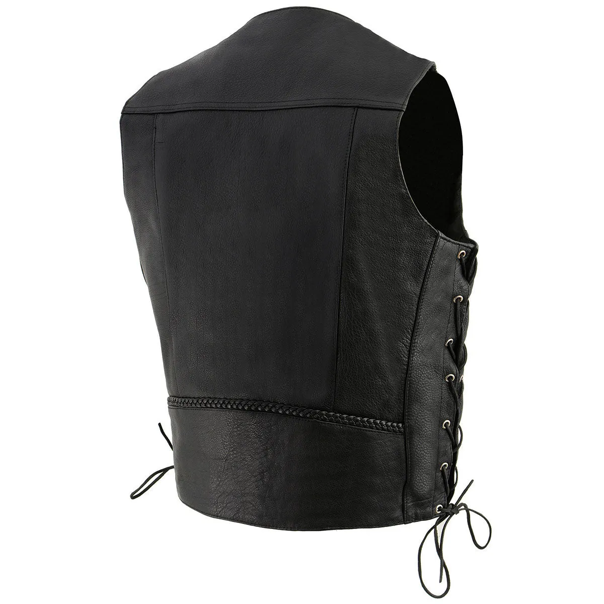 ML1359 Men's Black Naked Leather Side Lace Motorcycle Rider Vest w/ Buffalo Nickel Snaps Closure