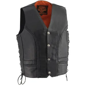 ML1359 Men's Black Naked Leather Side Lace Motorcycle Rider Vest w/ Buffalo Nickel Snaps Closure