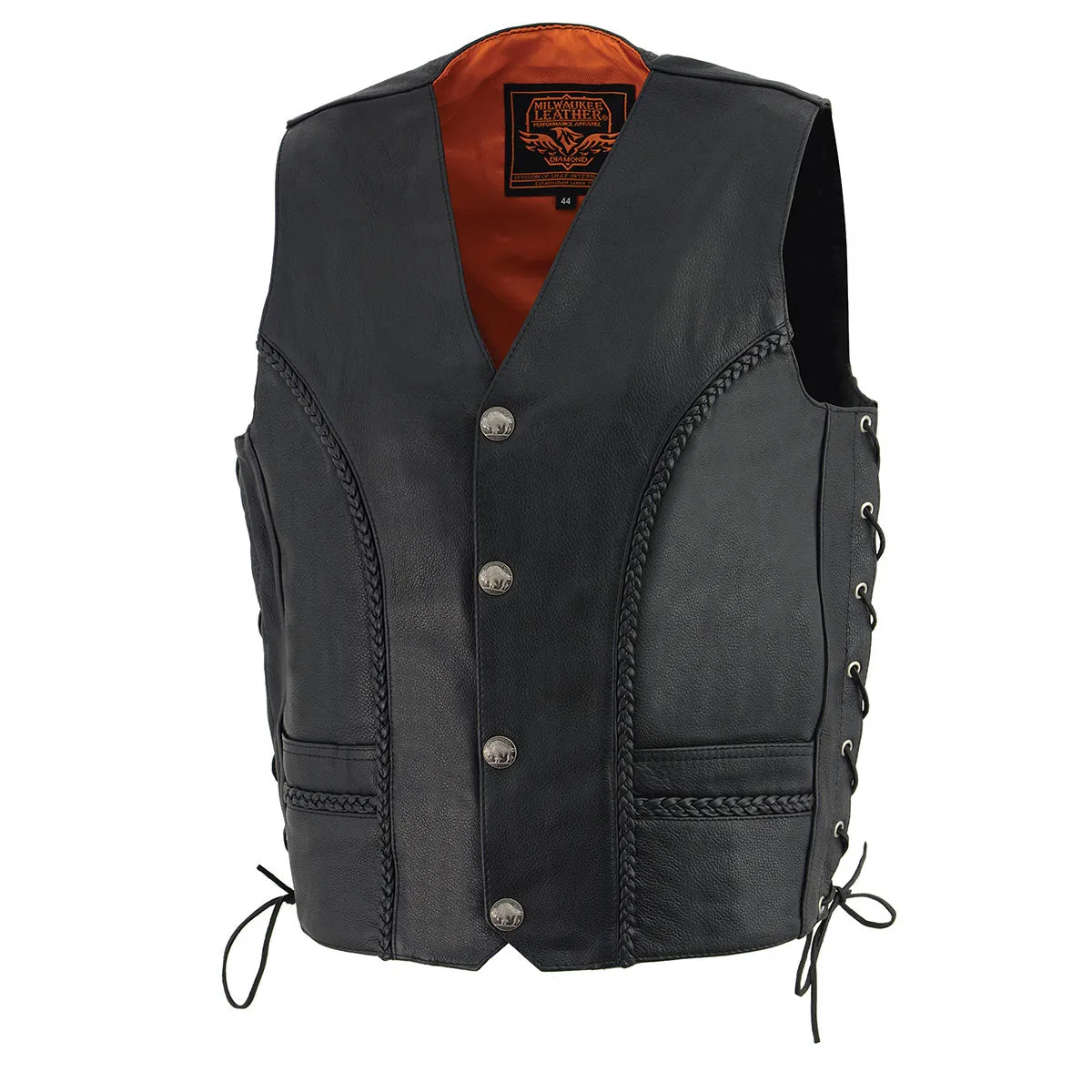 ML1359 Men's Black Naked Leather Side Lace Motorcycle Rider Vest w/ Buffalo Nickel Snaps Closure
