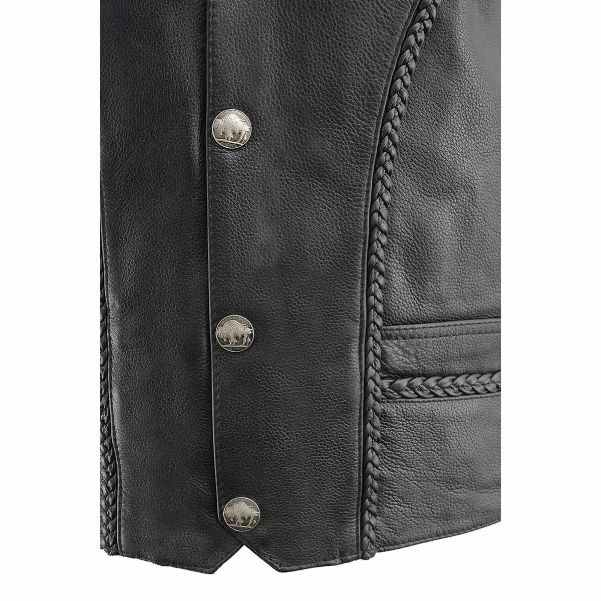 ML1359 Men's Black Naked Leather Side Lace Motorcycle Rider Vest w/ Buffalo Nickel Snaps Closure