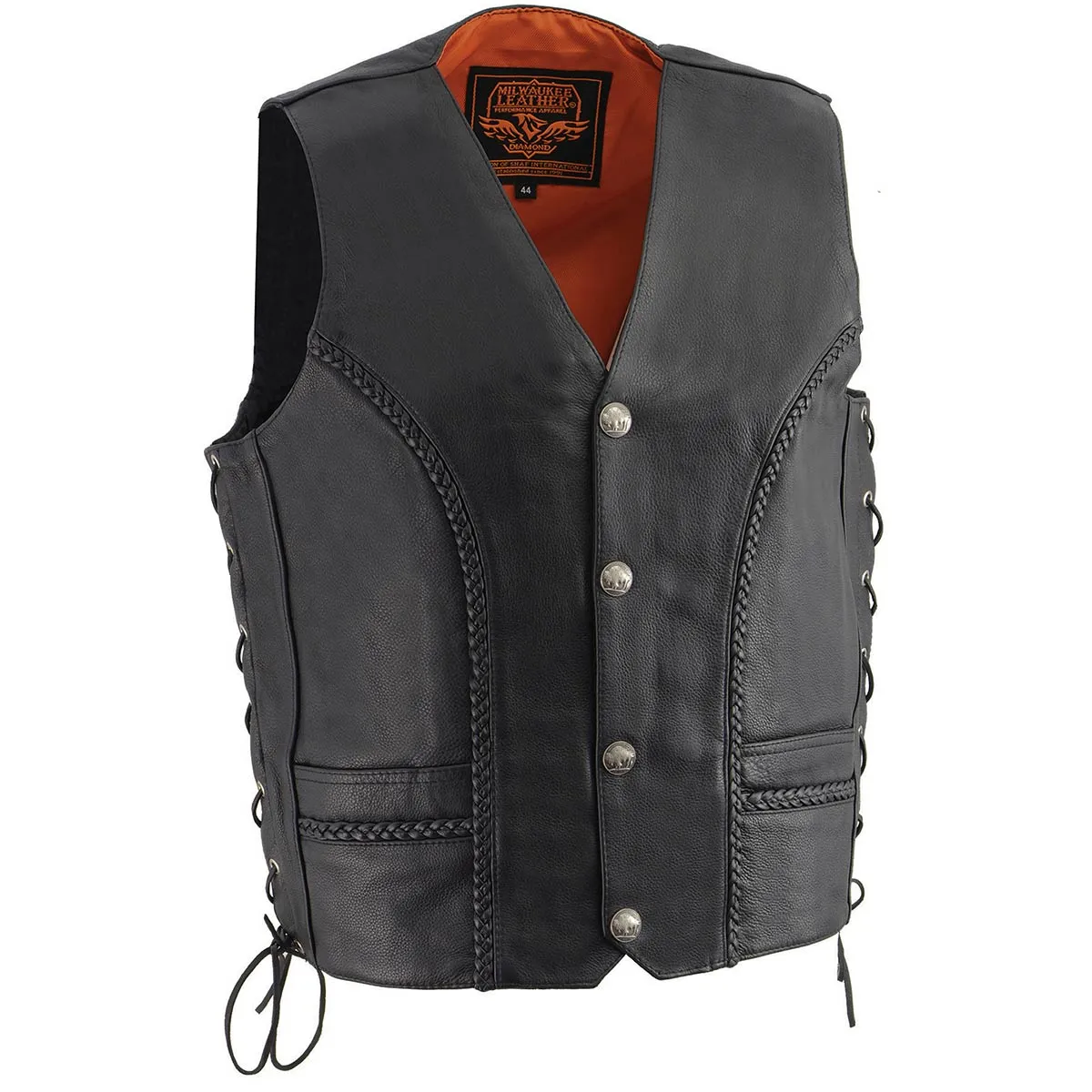 ML1359 Men's Black Naked Leather Side Lace Motorcycle Rider Vest w/ Buffalo Nickel Snaps Closure