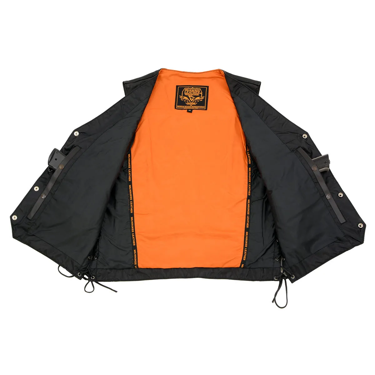 ML1359 Men's Black Naked Leather Side Lace Motorcycle Rider Vest w/ Buffalo Nickel Snaps Closure