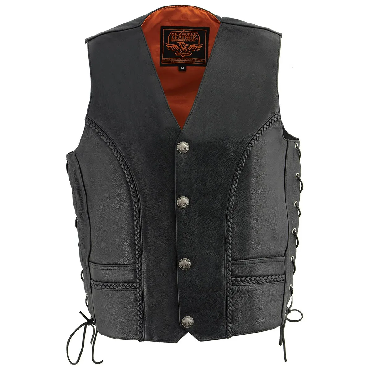 ML1359 Men's Black Naked Leather Side Lace Motorcycle Rider Vest w/ Buffalo Nickel Snaps Closure