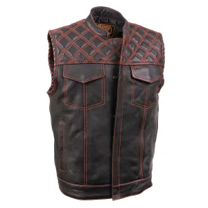 MLM3526 Men's Black 'Paisley' Accented Red Stitching Leather Vest – w/ Armhole Trim Open Collar Design