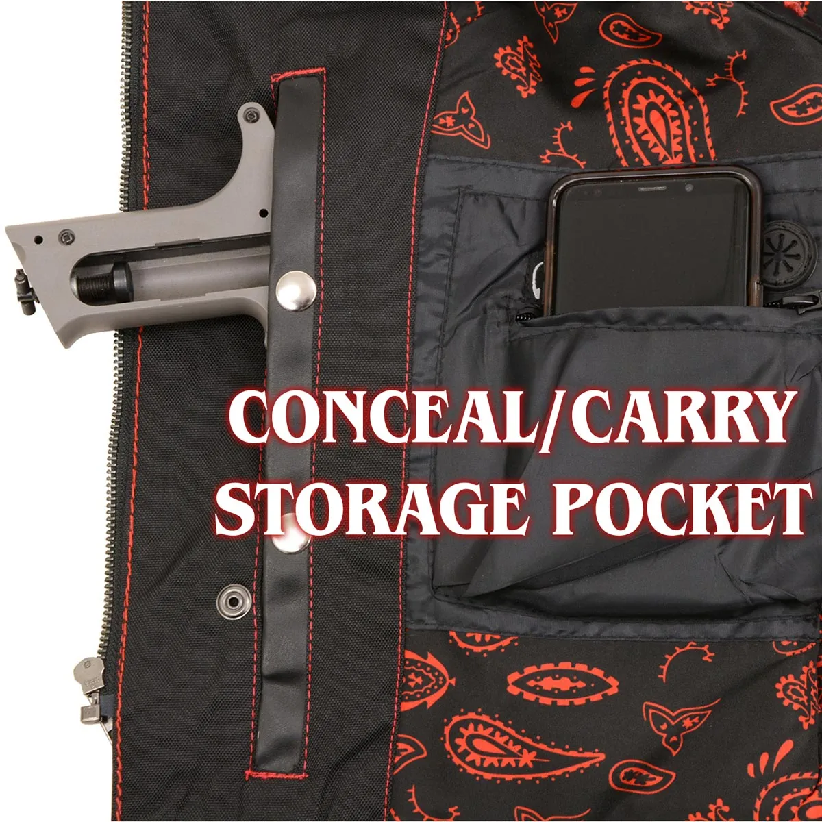 MLM3526 Men's Black 'Paisley' Accented Red Stitching Leather Vest – w/ Armhole Trim Open Collar Design