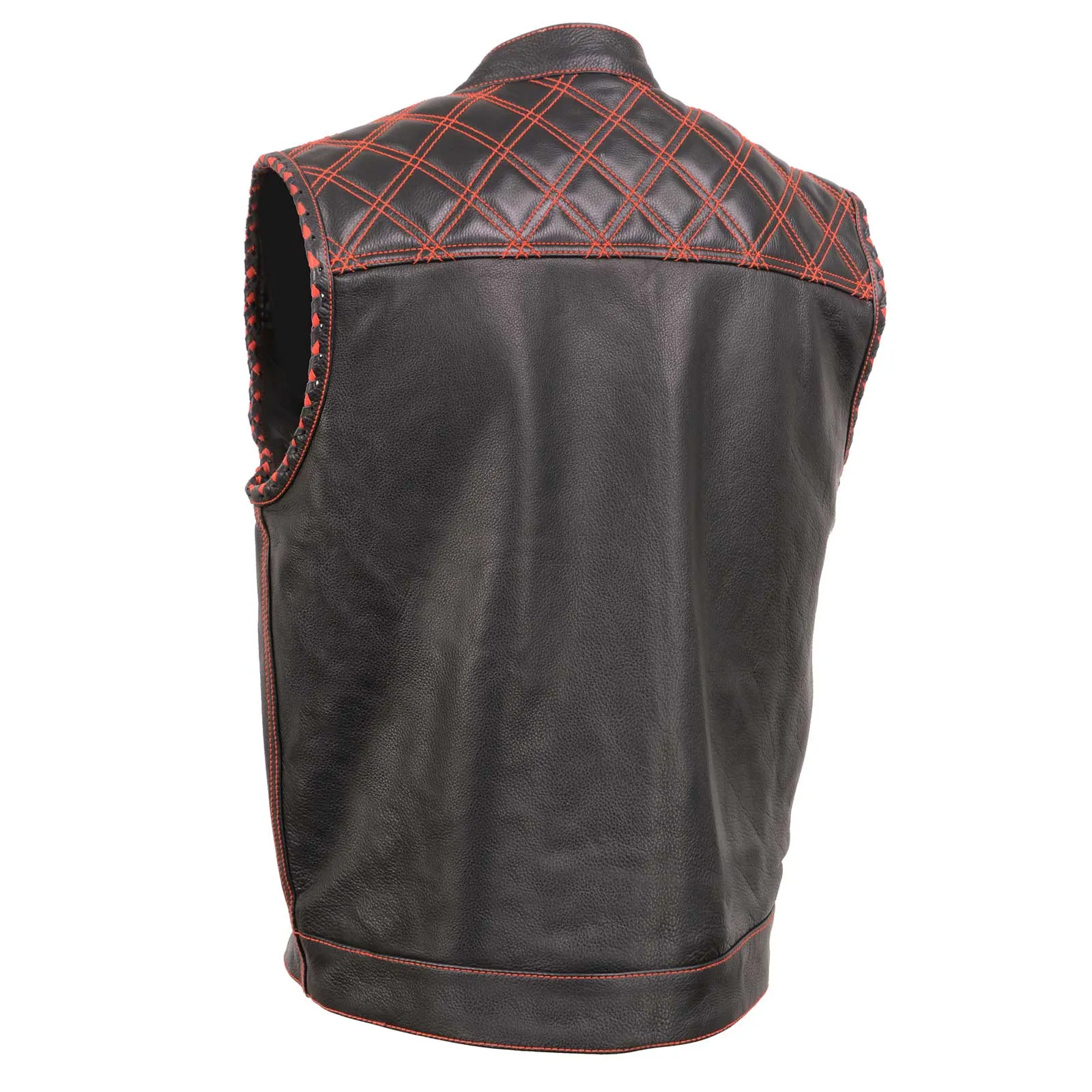 MLM3526 Men's Black 'Paisley' Accented Red Stitching Leather Vest – w/ Armhole Trim Open Collar Design