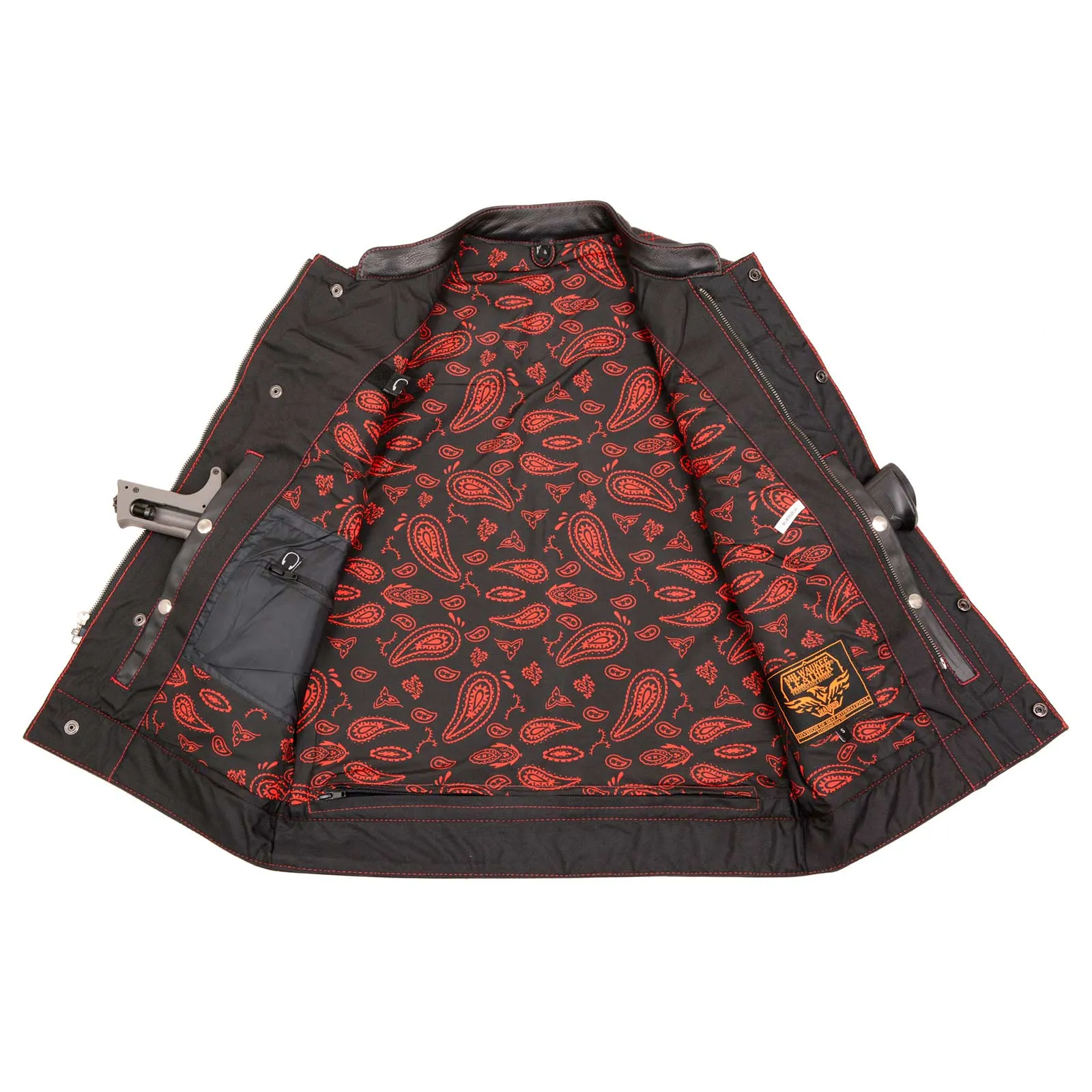 MLM3526 Men's Black 'Paisley' Accented Red Stitching Leather Vest – w/ Armhole Trim Open Collar Design