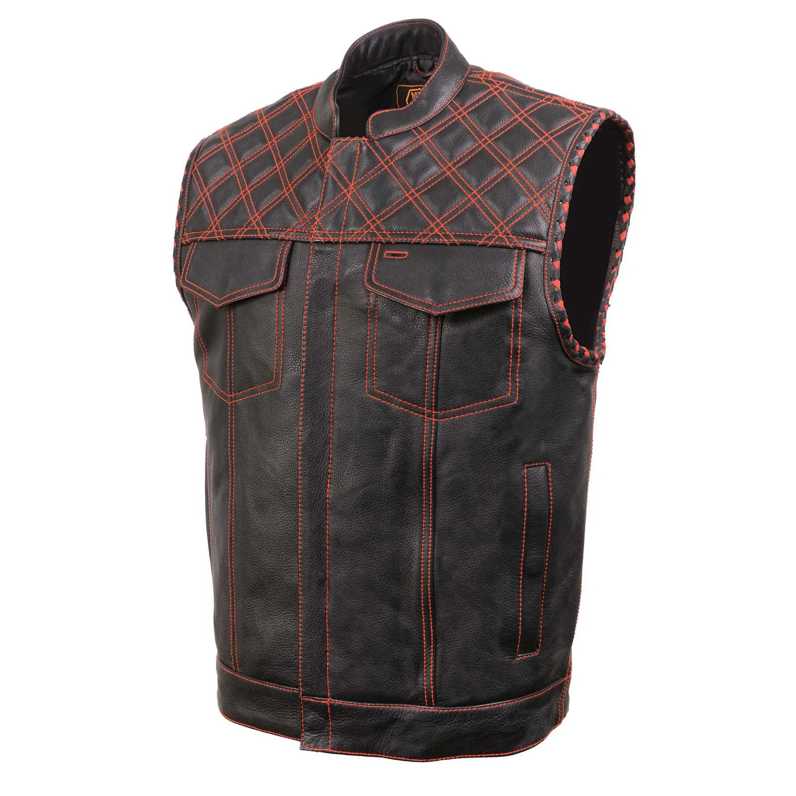 MLM3526 Men's Black 'Paisley' Accented Red Stitching Leather Vest – w/ Armhole Trim Open Collar Design