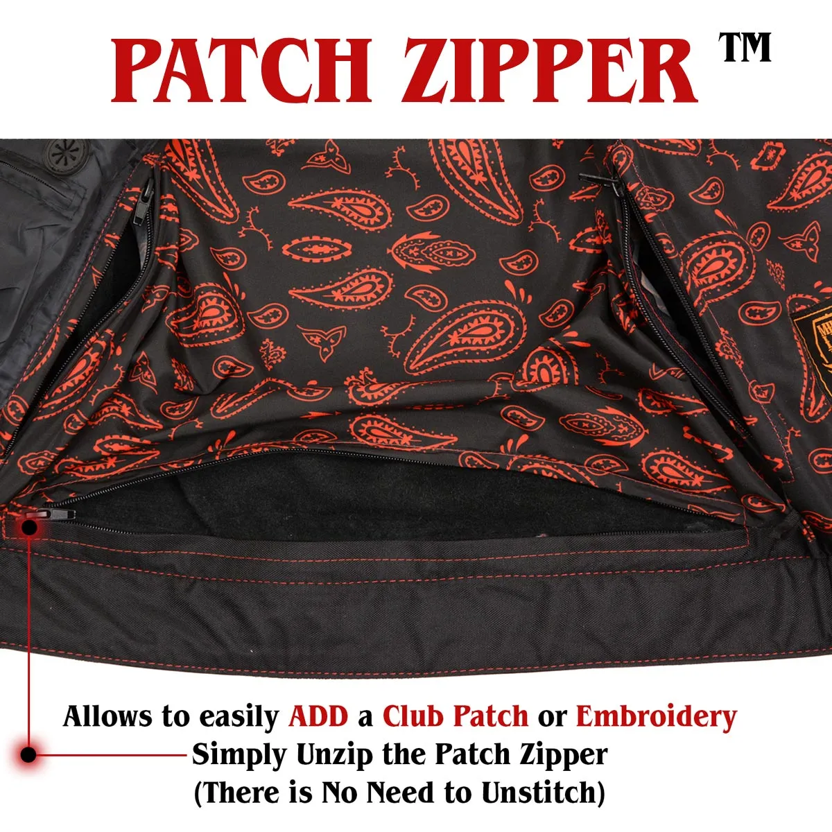MLM3526 Men's Black 'Paisley' Accented Red Stitching Leather Vest – w/ Armhole Trim Open Collar Design