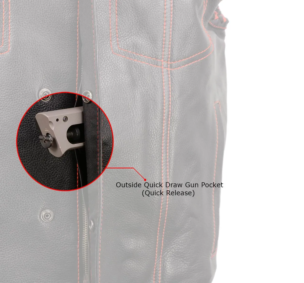 MLM3526 Men's Black 'Paisley' Accented Red Stitching Leather Vest – w/ Armhole Trim Open Collar Design