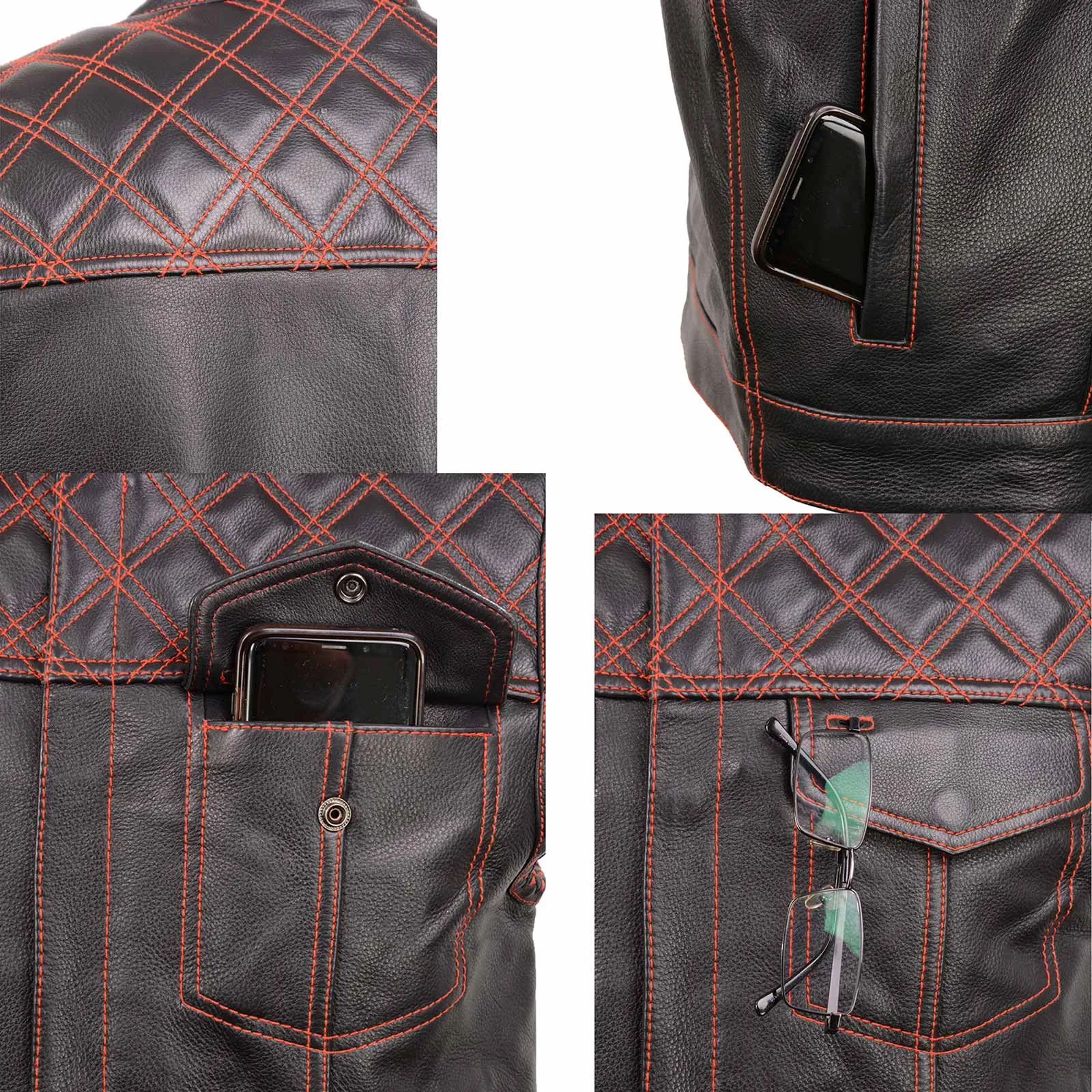 MLM3526 Men's Black 'Paisley' Accented Red Stitching Leather Vest – w/ Armhole Trim Open Collar Design