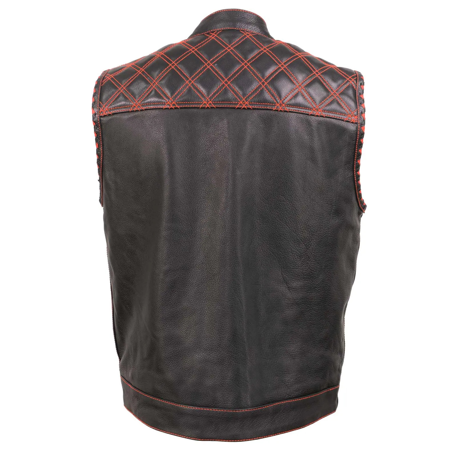 MLM3526 Men's Black 'Paisley' Accented Red Stitching Leather Vest – w/ Armhole Trim Open Collar Design