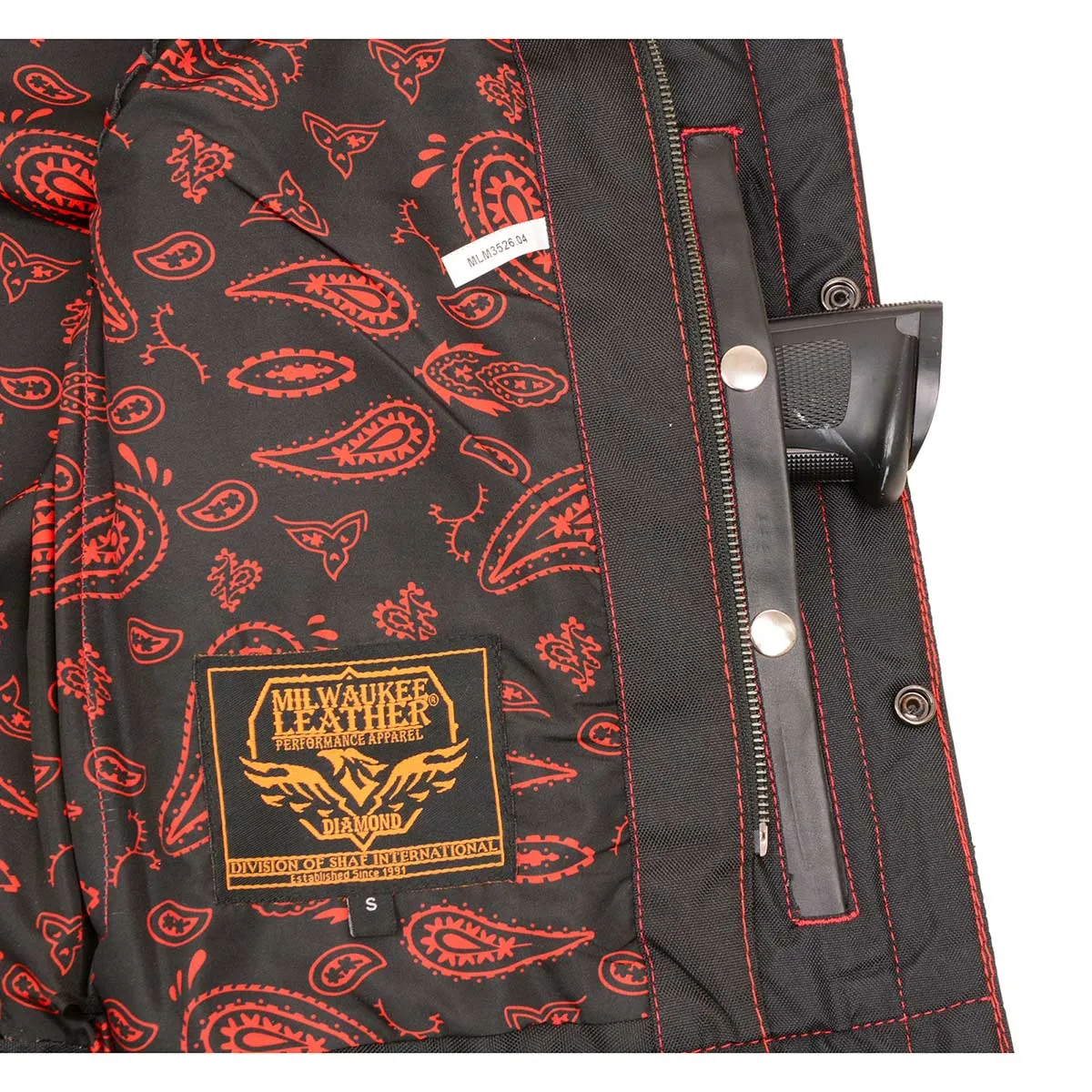 MLM3526 Men's Black 'Paisley' Accented Red Stitching Leather Vest – w/ Armhole Trim Open Collar Design